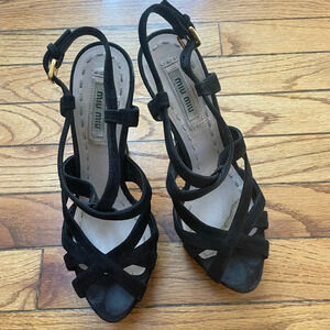 Miu Miu  Black Suede Platform Crisscross Sandal Heels, size 36